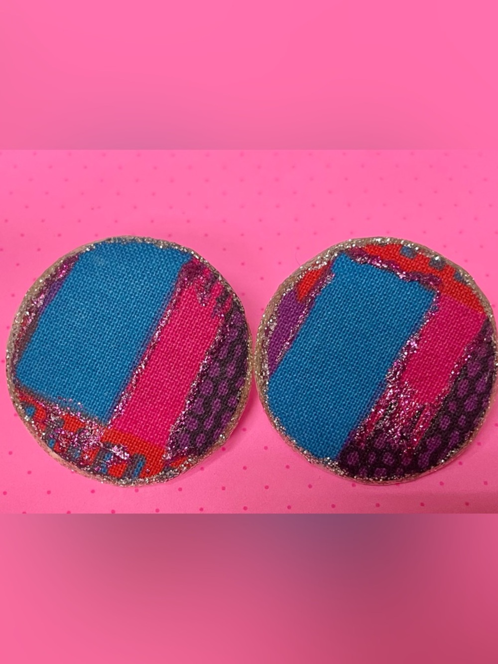 80s Handmade Colorblock Round Fabric Statement Earrings - Blue & Pink